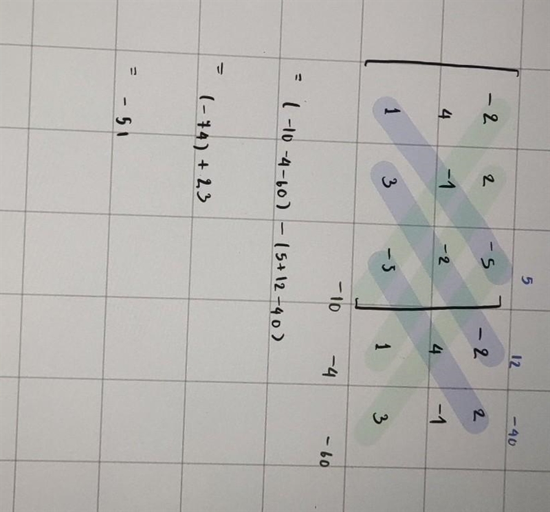 What is the determinant of the image shown? A.–74 B.–51 C.51 D.69-example-1