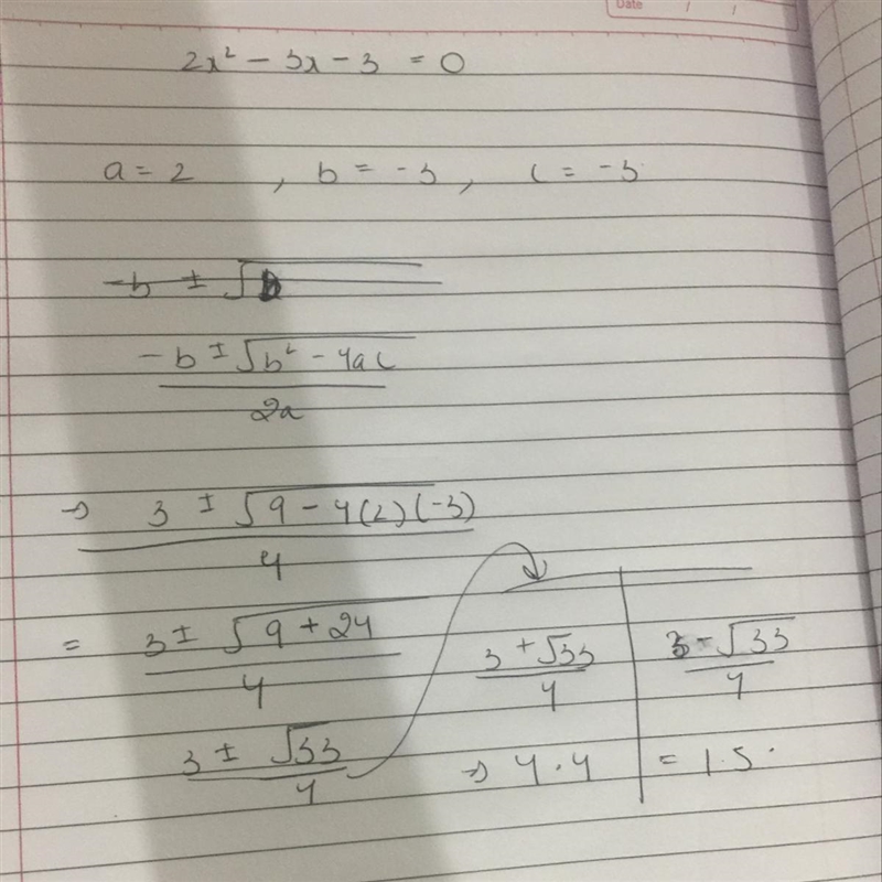 What’s the quadratic formula 2X-3X-3=0?-example-1