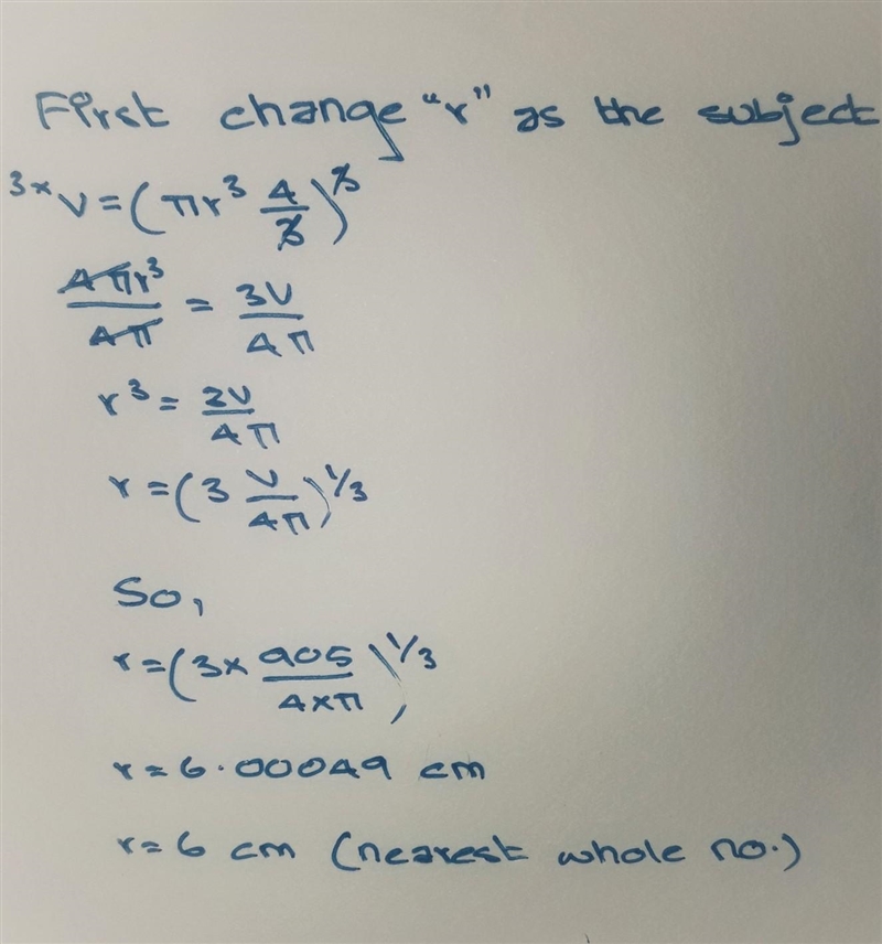 The volume of a beack ball is 905 square centimeters. Find the radius of the ball-example-1