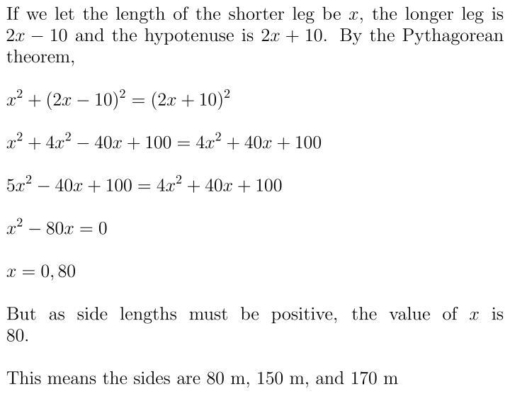 A piece of property has the shape of a right triangle. the longer leg is 10m shorter-example-1