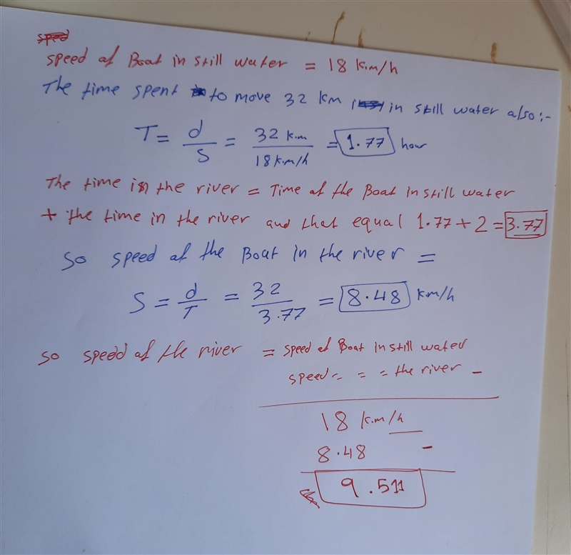 A boat has a speed of 18 km/hr in still water. In a particular river, it takes 2 hours-example-1