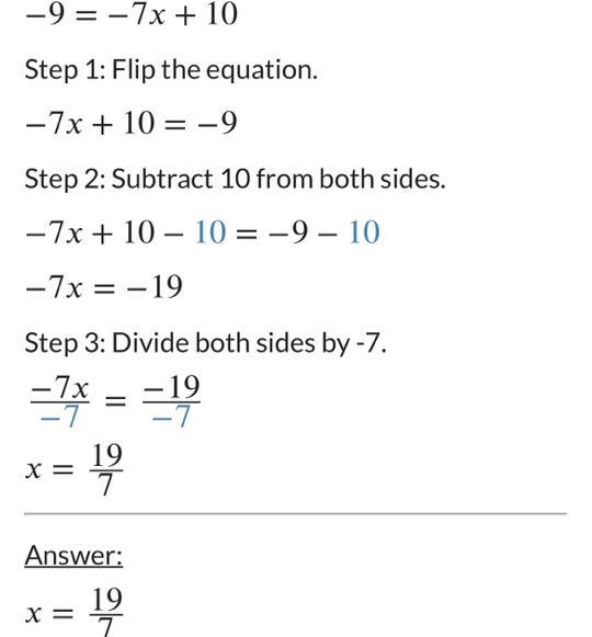 Solve for y : -9=-7x+10-example-1