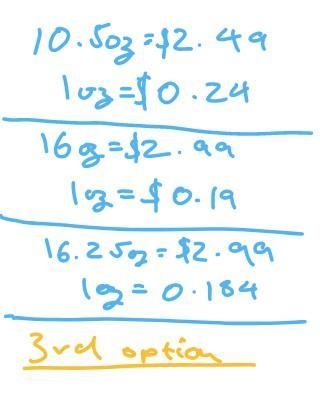 A 10½ ounce bottle of apple juice costs $2.49. A 16 ounce bottle costs $2.99. A 16 1/4 ounce-example-1