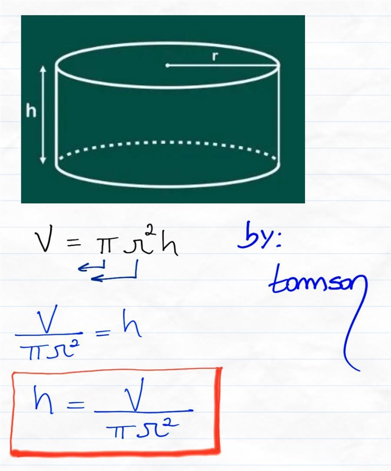 The formula for the volume of a cylinder is V = π r 2 h , V=πr 2 h, where r r is the-example-1