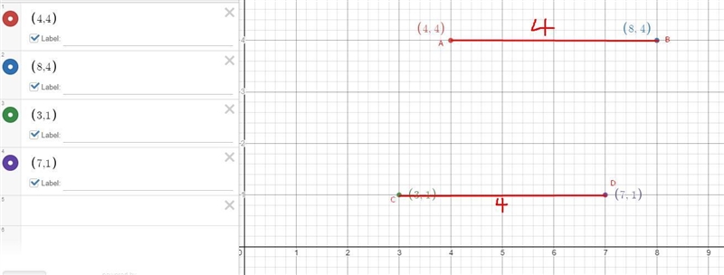 Pot the points (4, 4), (8, 4), (3, 1), and (7, 1) on the coordinate plane.Use the-example-1