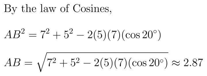 For △ABC find the length of AB if AC=7, BC=5, and m∠C=20. Round your answer to the-example-2