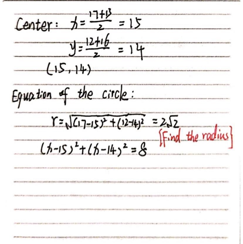 Identify the center and write the equation of the circle that has the ends of the-example-1