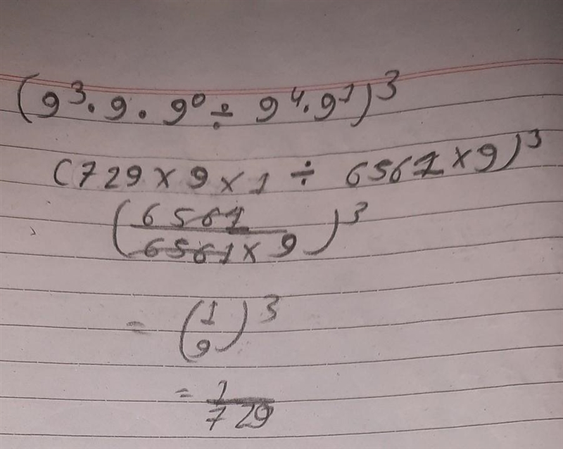 ( 9³. 9 . 9⁰ ÷ 9⁴. 9¹ )-³ simplify and calculate this algebraic expression​-example-1