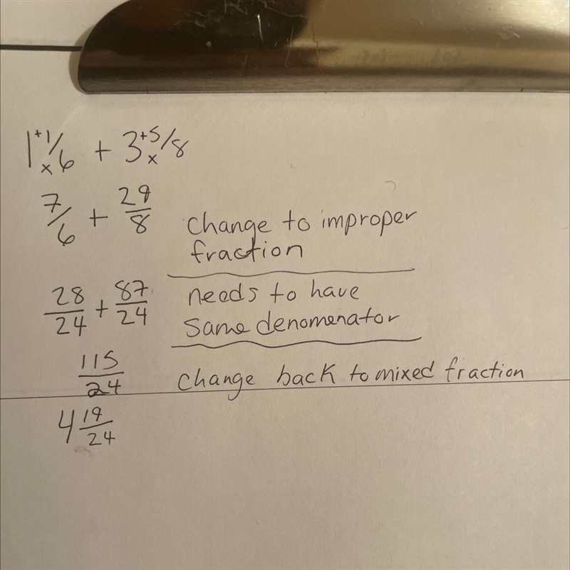 What is the answer of 1 1/6 + 3 5/8 A. 5 ½ B. 5 ⁵⁄₁₄ C. 1 ⅙ D. 4 ¹⁹⁄₂₄-example-1