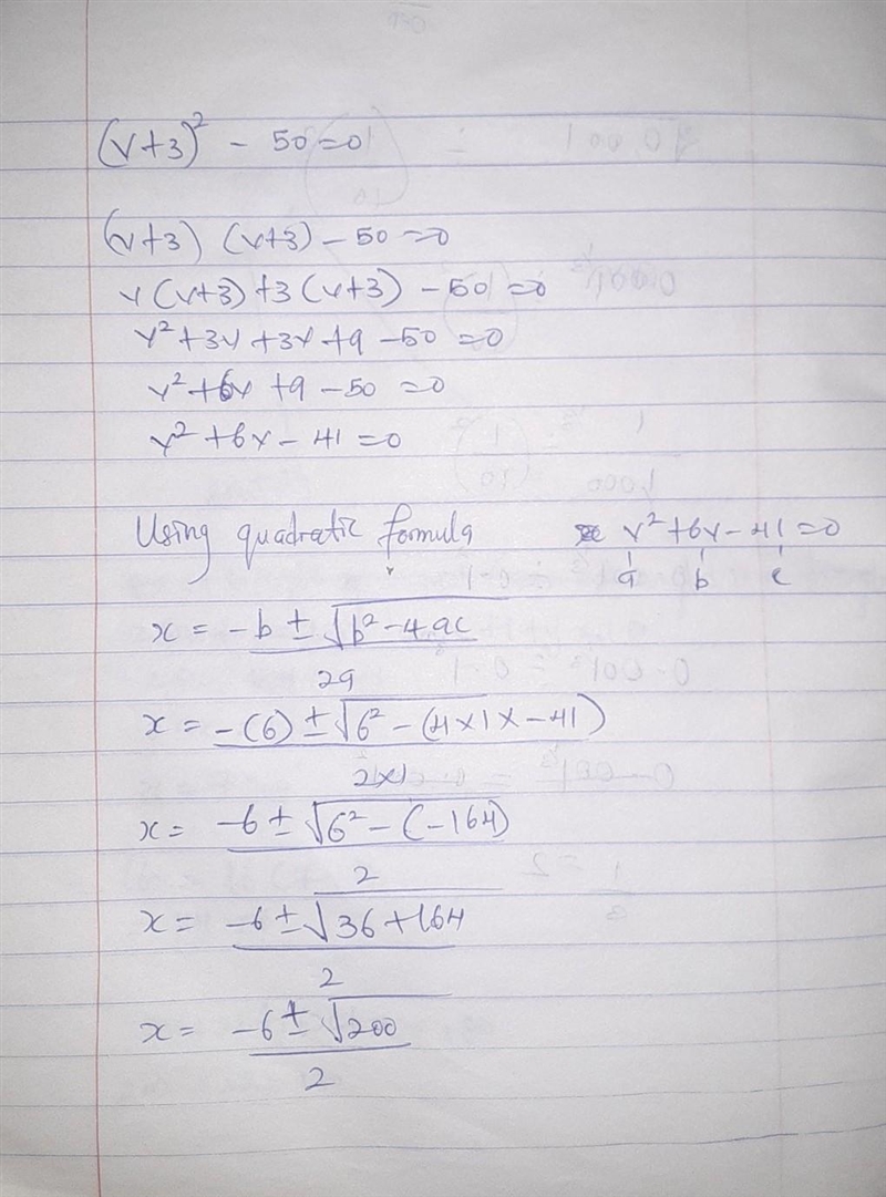 Solve: (v+3)^2 - 50 = 0 Where v is a real number.-example-1