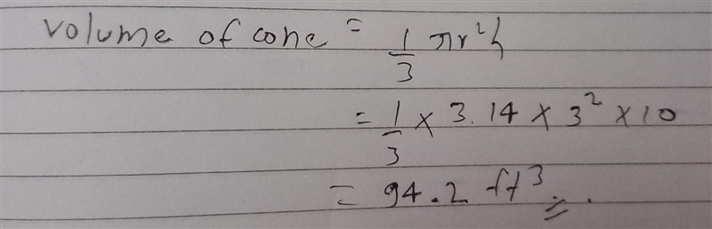 A cone has a height of 10 feet and a radius of 3 feet. What is its volume? Use ≈ 3.14 and-example-1