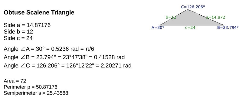 5-91. A triangle with two side lengths 12 and 24 and one angle of 30 degrees between-example-1