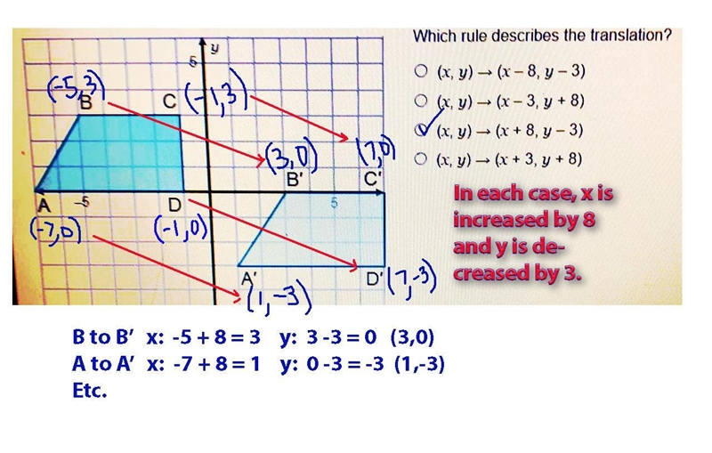 A B C D LO -5 Y A' В' O D' Which rule describes the translation? (x, y) (x-8, y - 3) (x-example-1