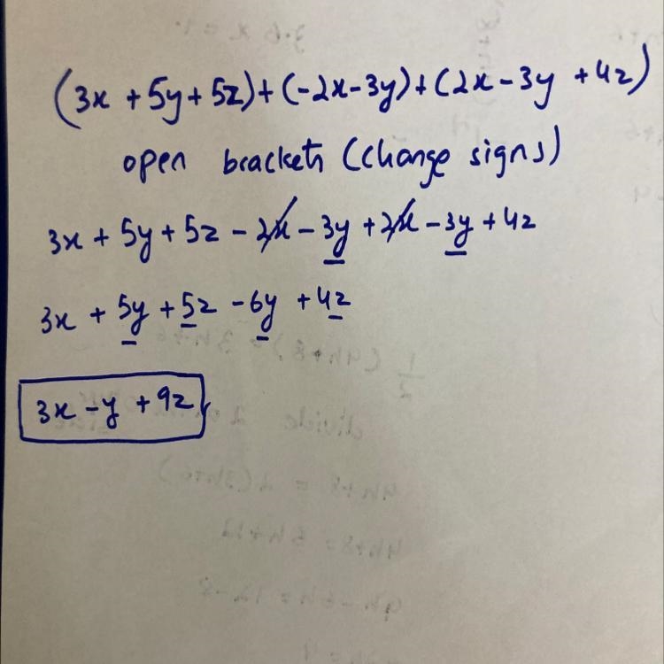 1) Which is equivalent to (3x + 5y + 5z) + (-2x - 3y) + (2x - 3y + 4z)? A 5x + y + 9z-example-1