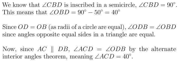 In the given figure, O is Center of circle. If AC//DB and angle ABC=50 , find angle-example-1