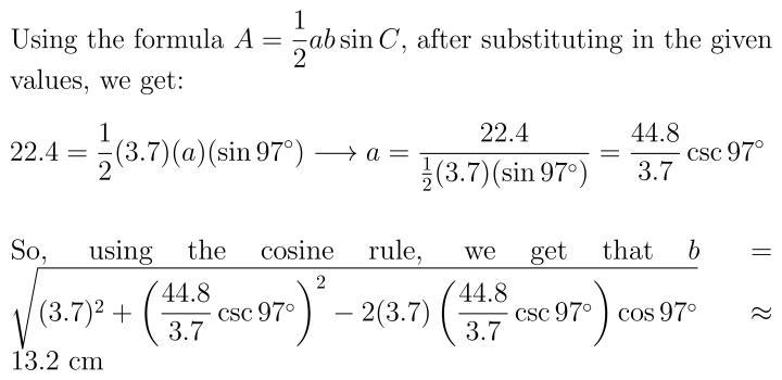 The area of the triangle is 22.4 cm2. Calculate the length, b, of the longest side-example-1