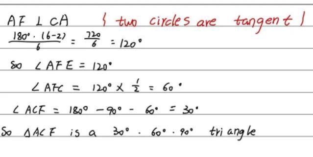 b) The completed construction of a regular hexagon is shown below. Explain why ACF-example-1