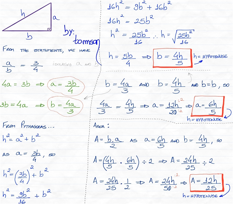 The ratio of the lengths of the two legs of a right triangle is 3:4 (a) Find the length-example-1