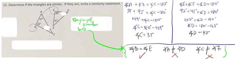 15. Determine if the triangles are similar. If they are, write a similarity statement-example-1