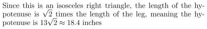 A dinner plate is in the shape of an isosceles right triangle. The leg length is 13 inches-example-1