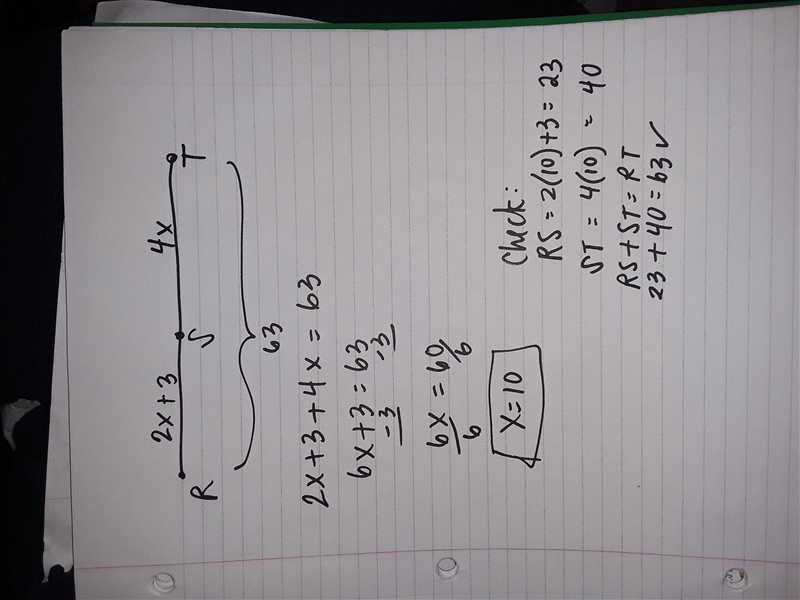 Find xif S is between R and T, RS=2x+3, ST=4x, and RT=63-example-1