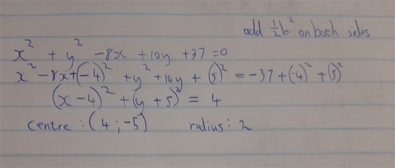 The equation of a circle is x² + y² – 8x + 10y + 37 = 0. What is the center and the-example-1