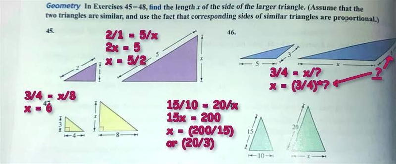 Find the length x of the side of the larger triangle-example-1