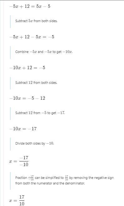 Which of the equations have only 1 solution -5x+12=5x-5-example-1