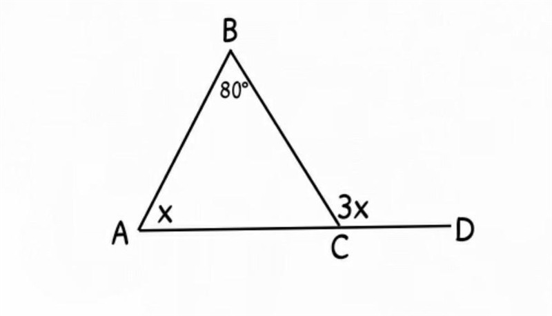 ∠BCD is an exterior angle of ∆ABC. If ∠BCD= 3∠A = x and ∠B = 80°, find the value of-example-1