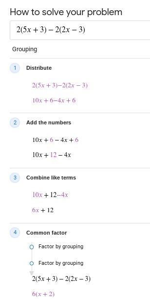 Expand and simplify 2(5x+3)-2(2x-3)-example-1