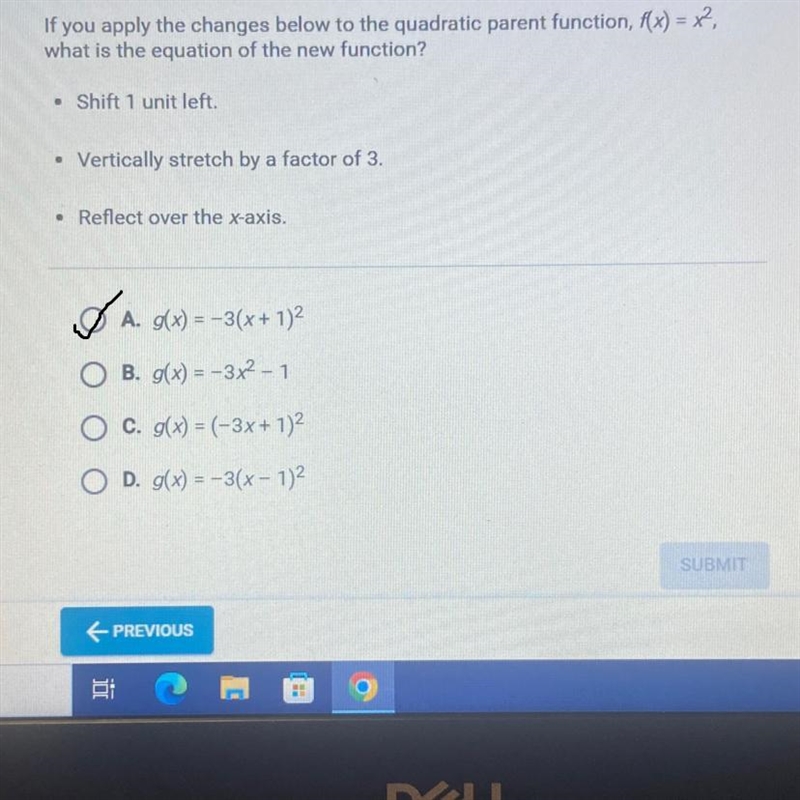 If you apply the changes below to the quadratic parent function, f(x) = x²,what is-example-1