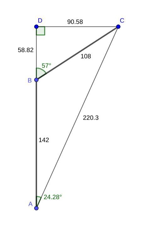 Airplane leaves City A and flies 142 km due north to City B. It then turns through-example-2