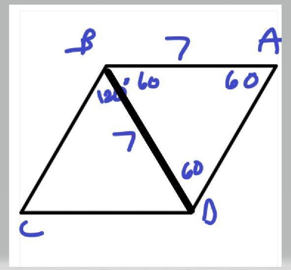 4. rhombus abcd has mlabc = 120° and ab = 7. find diagonal length, bd.-example-1