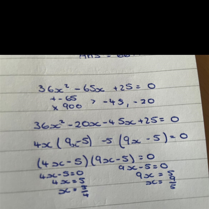 36x² - 65x + 25 = 0 Work out the value of x.-example-1