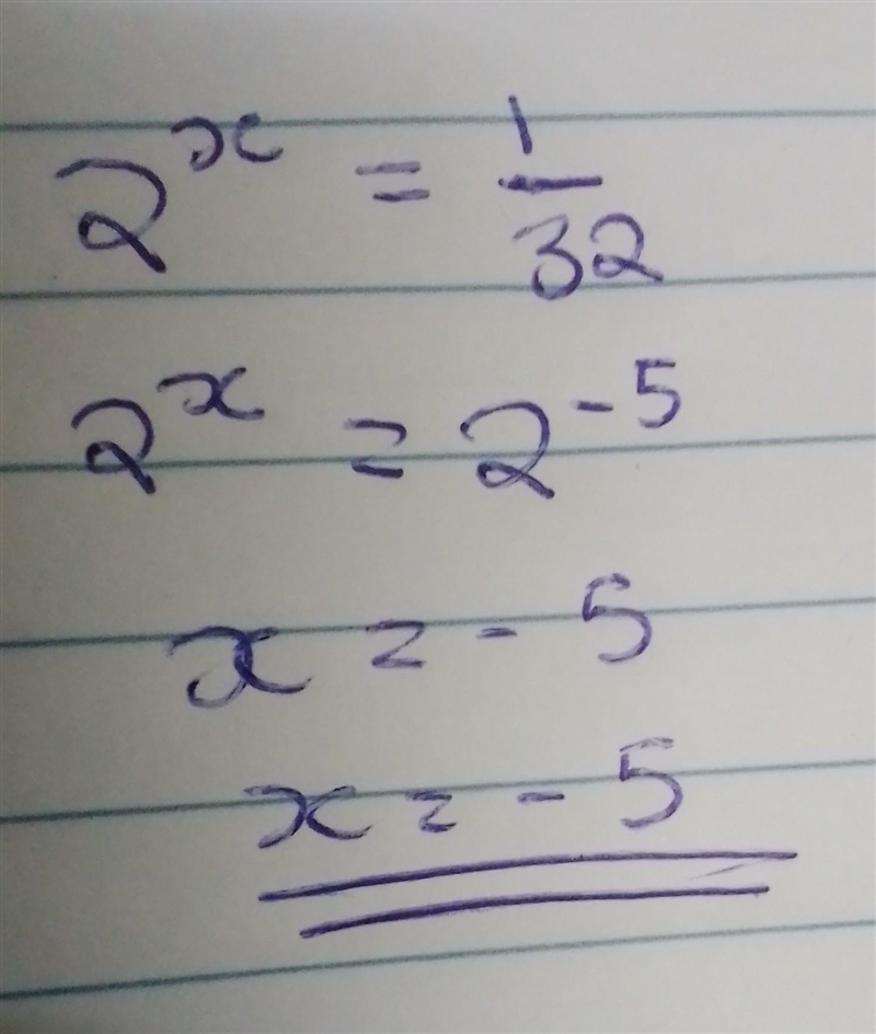 If 2^(x) = 1/32 , find the value of x-example-1