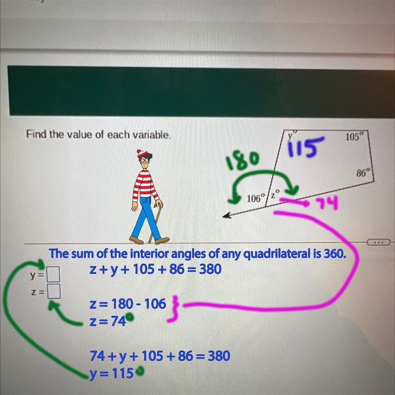 Find the value of each variable. 105° 86° 106°/2°-example-1