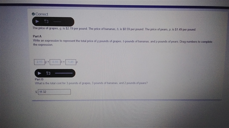 The price of grapes, g, is $2.19 per pound. The price of bananas, b, is $0.59 per-example-1