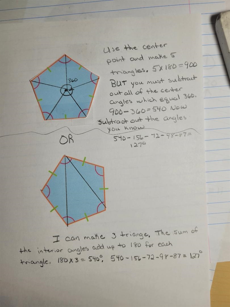 Four interior angles of a pentagon measure 156°, 72°, 98°, and 87°. What is the measure-example-1