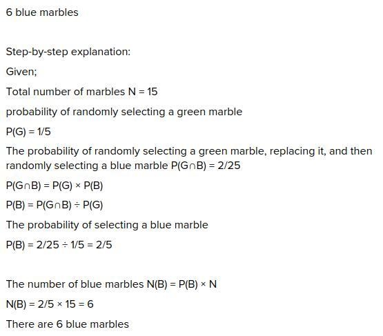 A bag contains 15 marbles. The probability of randomly selecting a green marble is-example-1