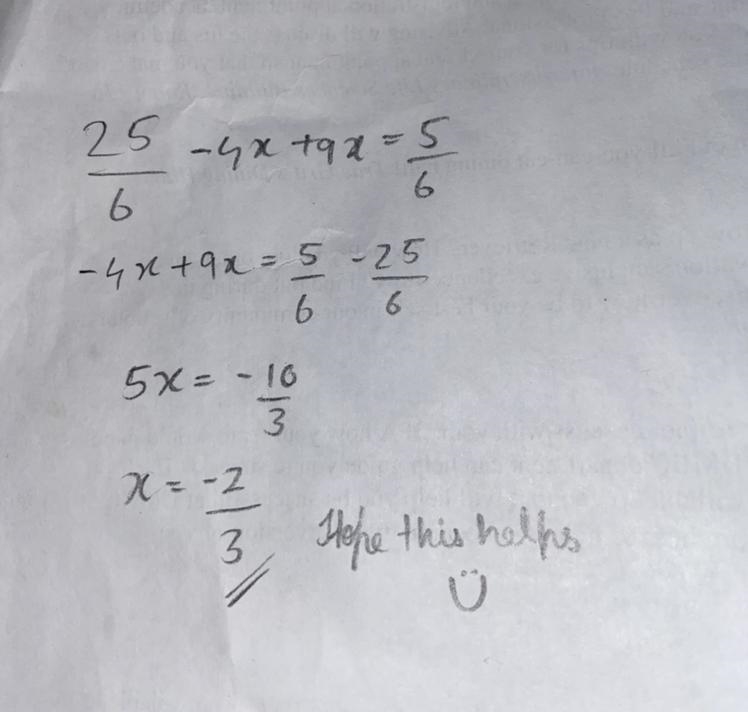 PLEASE HELP Solve: 2/3 - 4x + 7/2 = -9x + 5/6 X=-3/2 X=-2/3 X=2/3 X=3/2-example-1