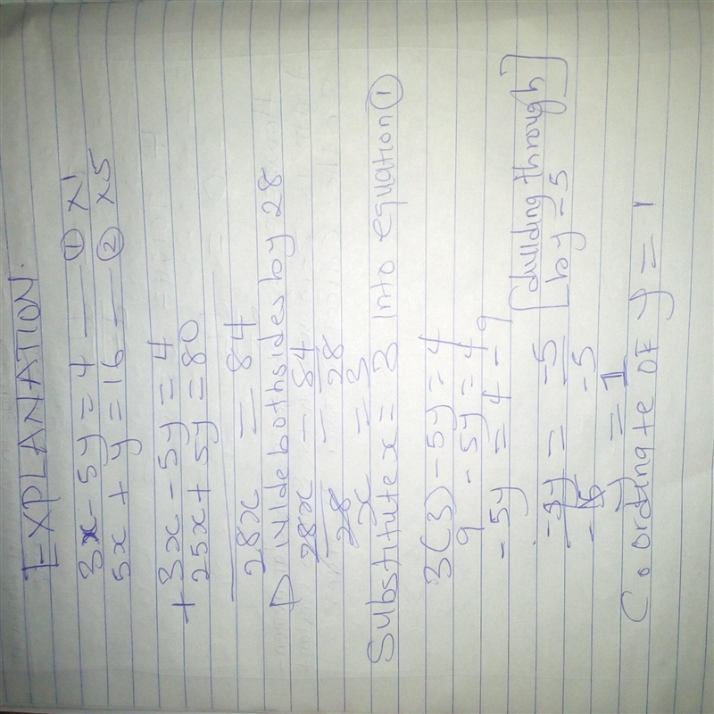 3x - 5y = 4 5x + y = 16 determine the y-coordinate of the solution of the system-example-1