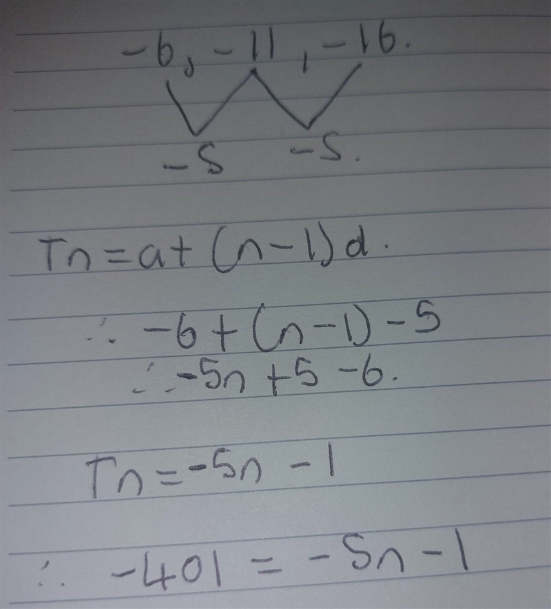 Consider the number pattern -6, -11, -16, -21..... Which term of the pattern =-401?​-example-1