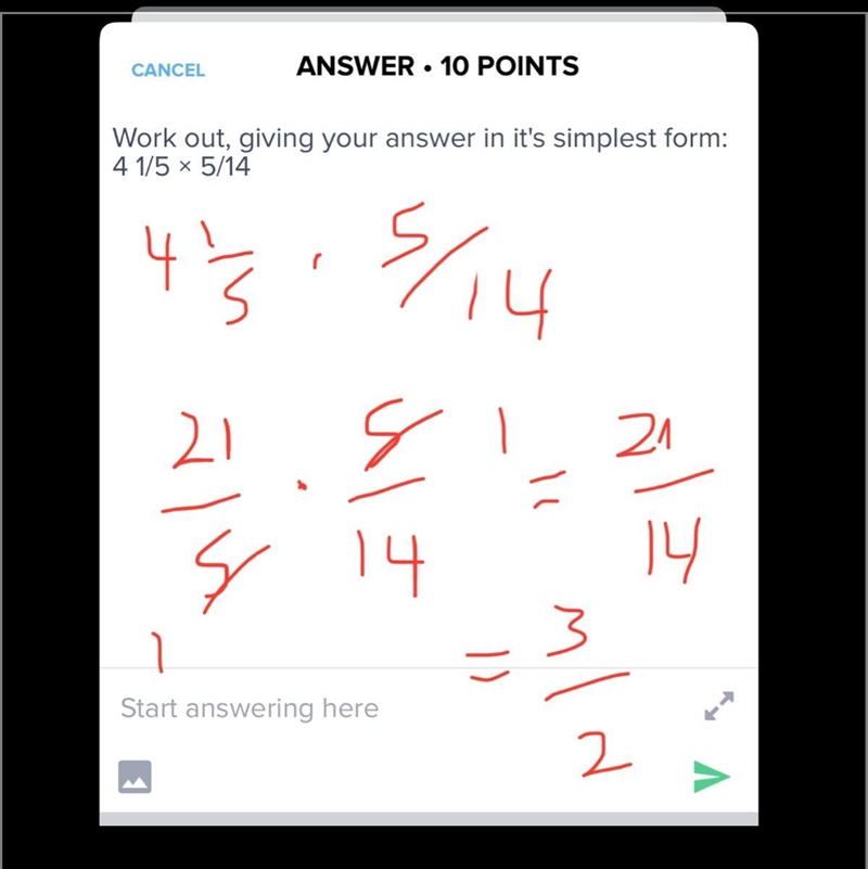 Work out, giving your answer in it's simplest form: 4 1/5 × 5/14​-example-1