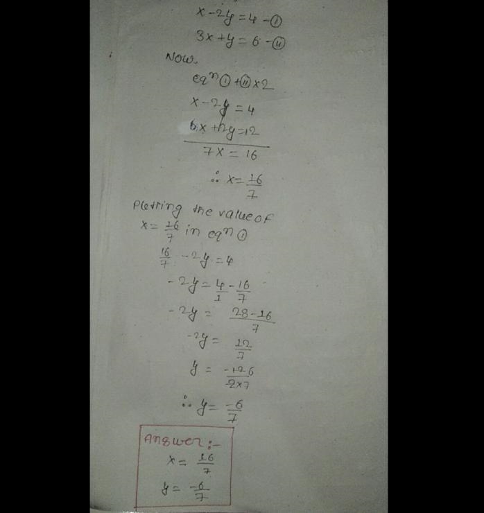 Solve the system with elimination. x - 2y = 4 3x + y = 6 ? ]-example-1