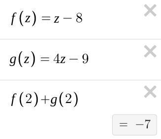 I really need help ASAP! thx Let f(z)=z-8 and g(z)=4z-9 Find (f+g)(2)-example-1