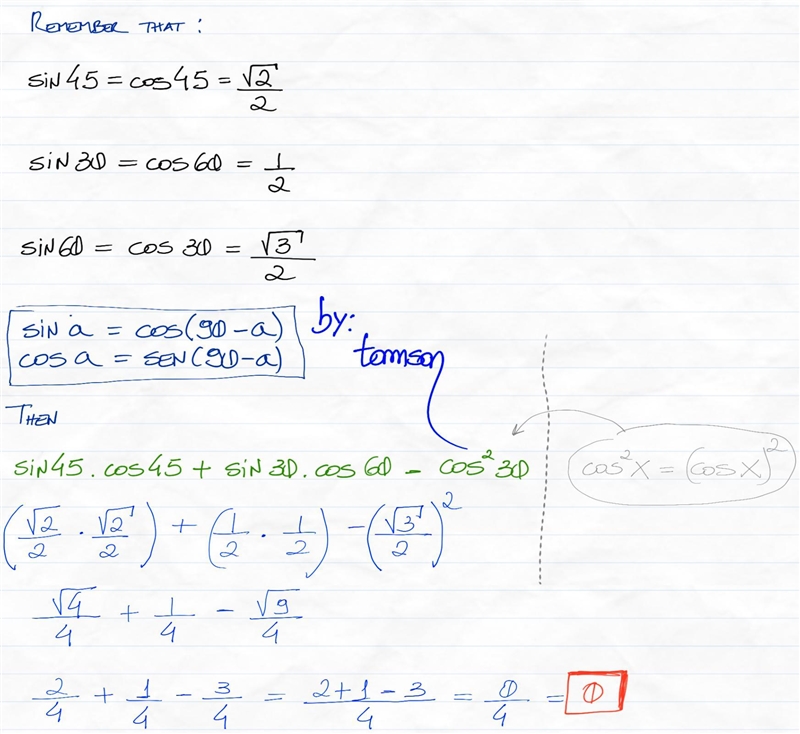 Find the numerical value of the expression sin 45 cos 45 + sin 30 cos 60 -cos^{2} 30-example-1