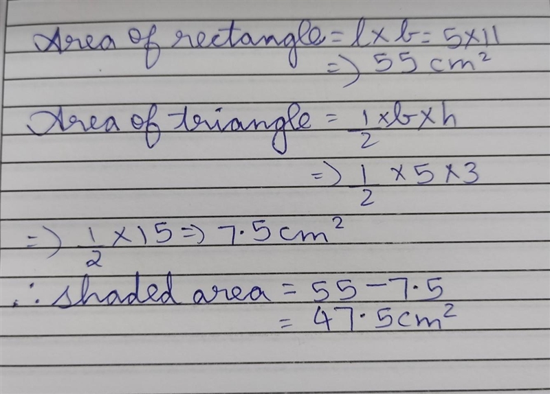 A triangle is inscribed in a rectangle, as shown below. What is the area of the shaded-example-1