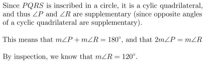 Quadrilateral PQRS is inscribed in a circle. The ratio of mP to mR is 2:4. What is-example-1