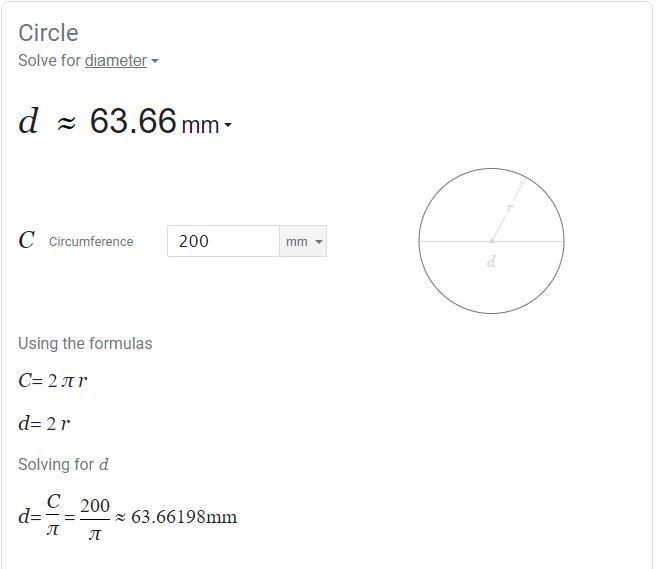 If the circumference of a circle is 200 mm, what is the diameter?-example-1