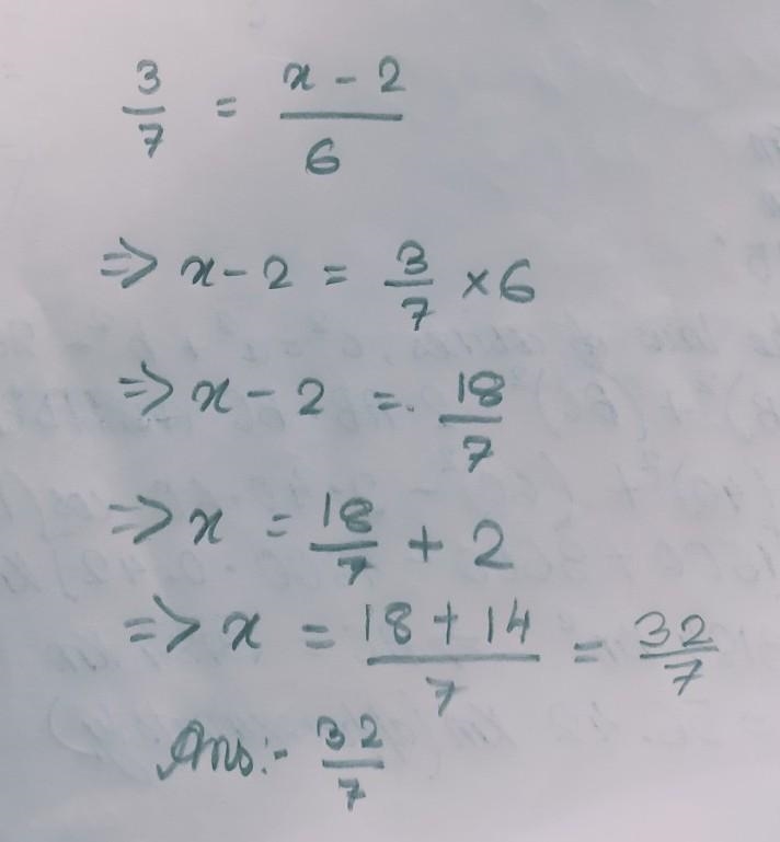 Solve the proportion 3/7 = x-2/6-example-1